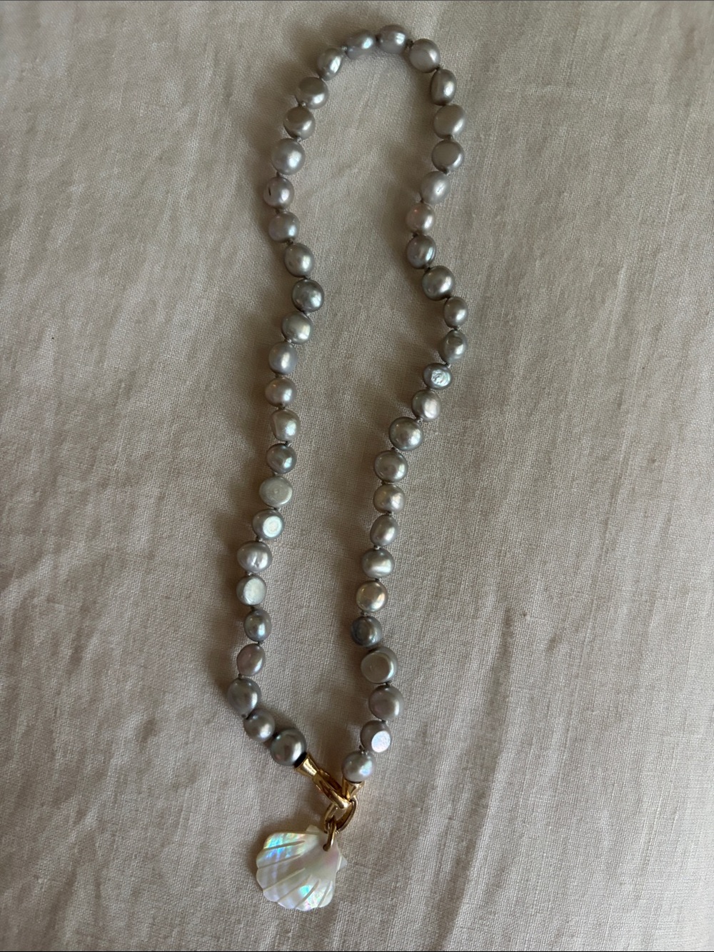Anthropologie Gray Pearl Bead Necklace with Shell Pendant